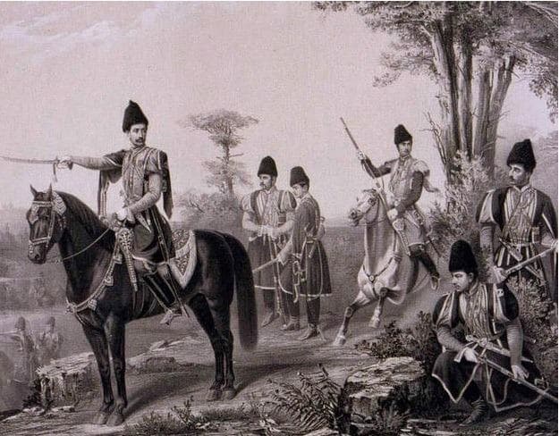 An old painting: horsemen and armed men in ancient times